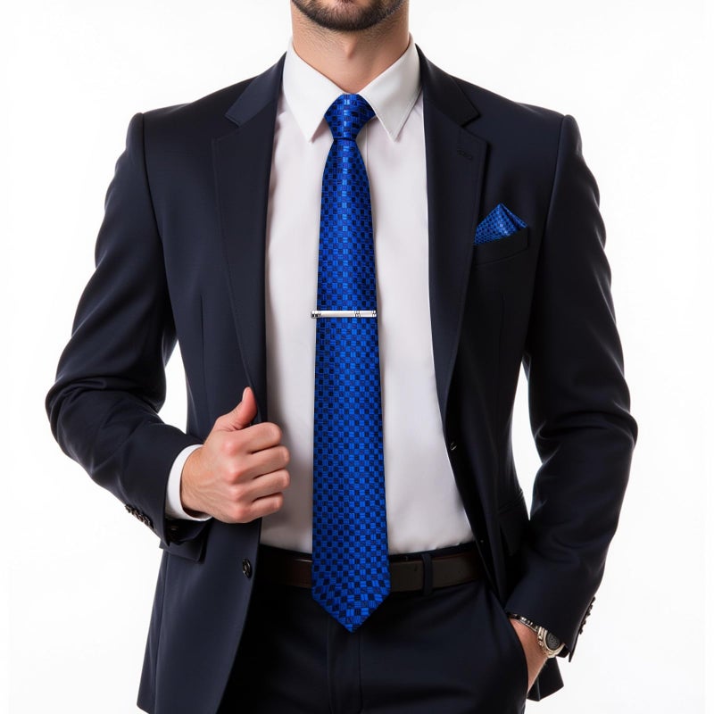 DiBanGu Plaid Ties for Men Silk Checkered Necktie and Pocket Square Cufflinks Tie Clip Set with Gift Box for Wedding Business, Royal Blue - Image 2